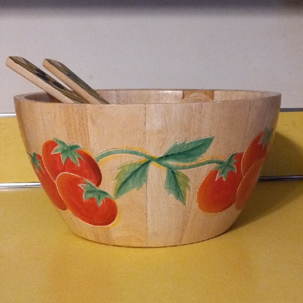 Vintage Clay Art Wooden Hand Painted Salad Bowl Tomato Design w/Fork and Spoon